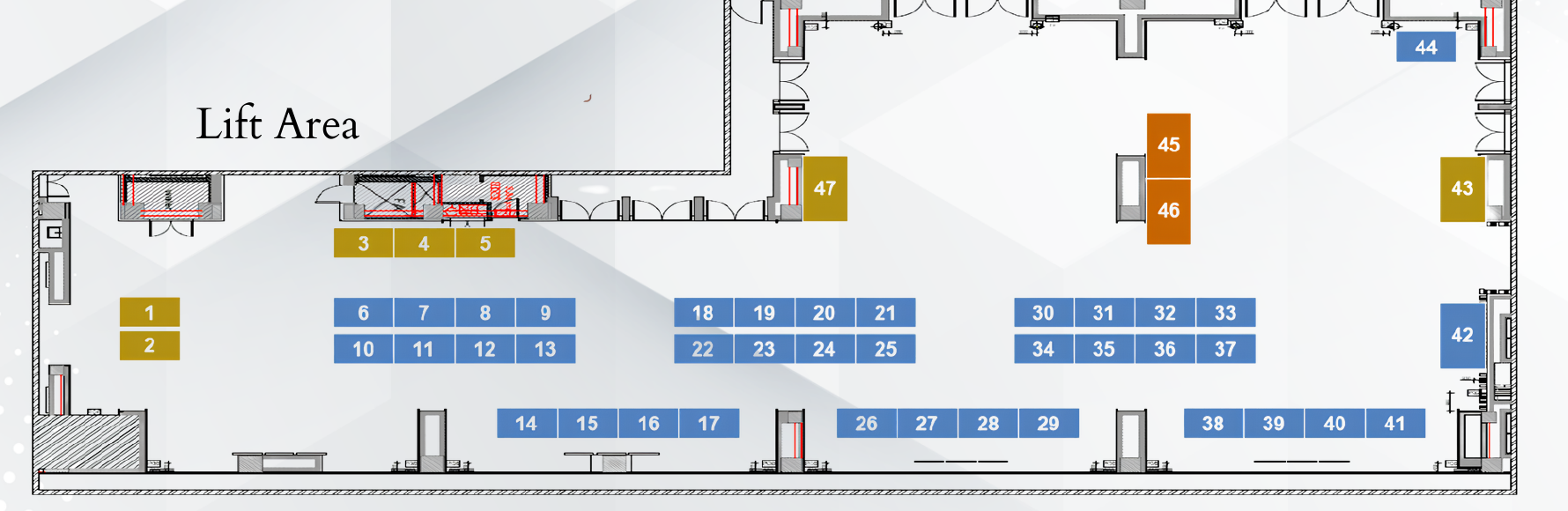 Entrance and lift-area floor plan showing booth numbers 1 to 47