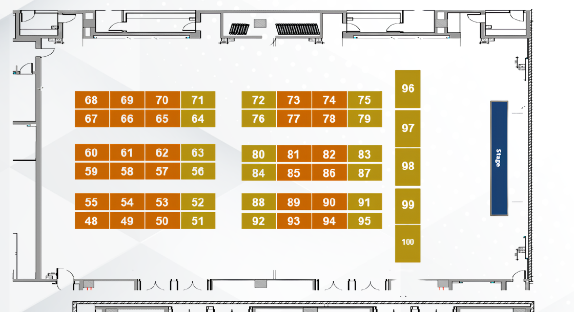 Upper exhibition hall floor plan showing booth numbers 48 to 100 and the main stage