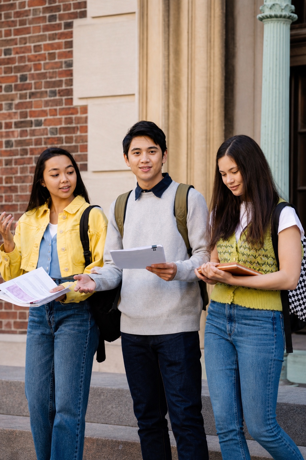 Three university students holding study materials together on campus